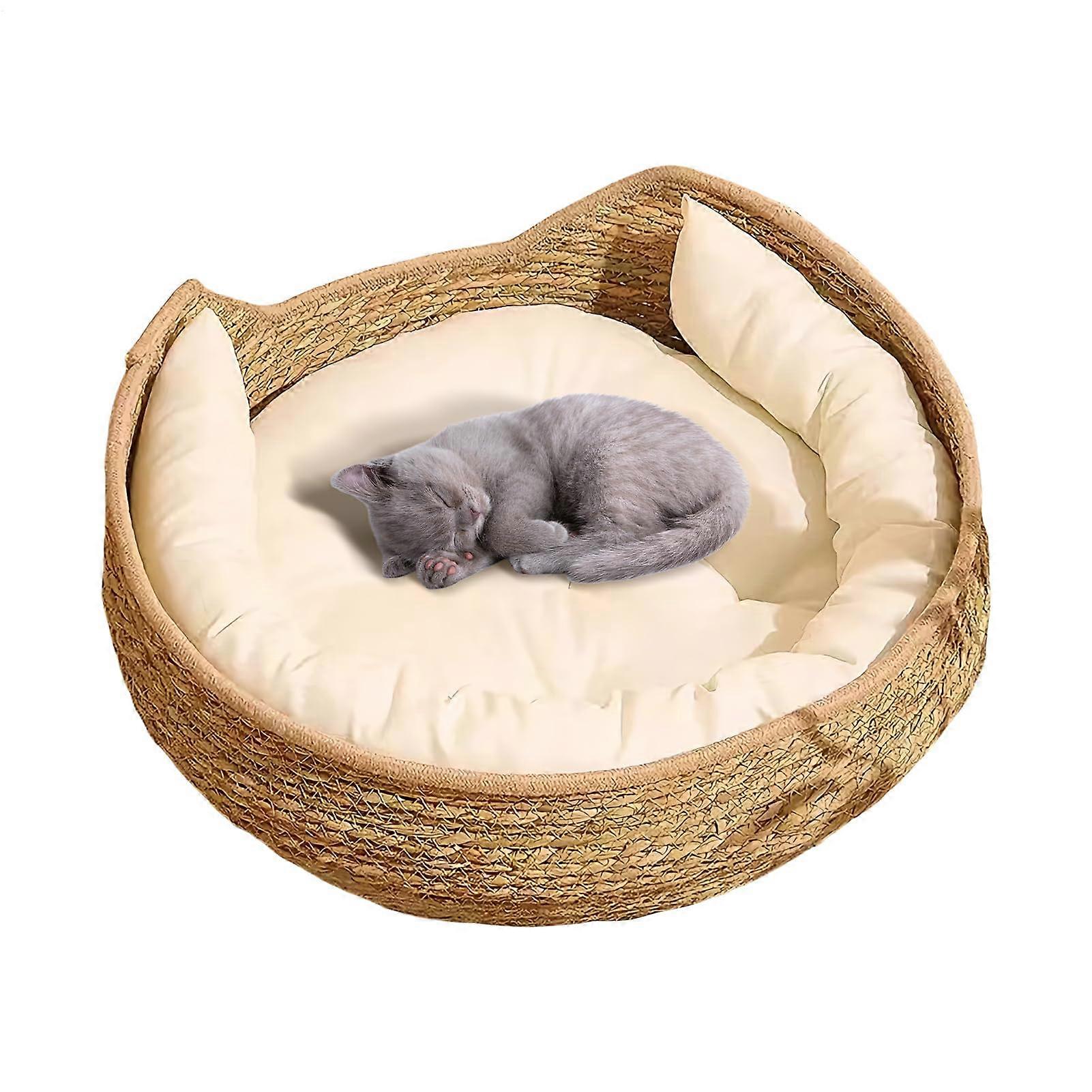 Woven Cat Bed 35x35x13 CM  Nest Style Bed With Soft Cushion And Pillow, Spinal Curve Weaving, All Breeds And Puppies
