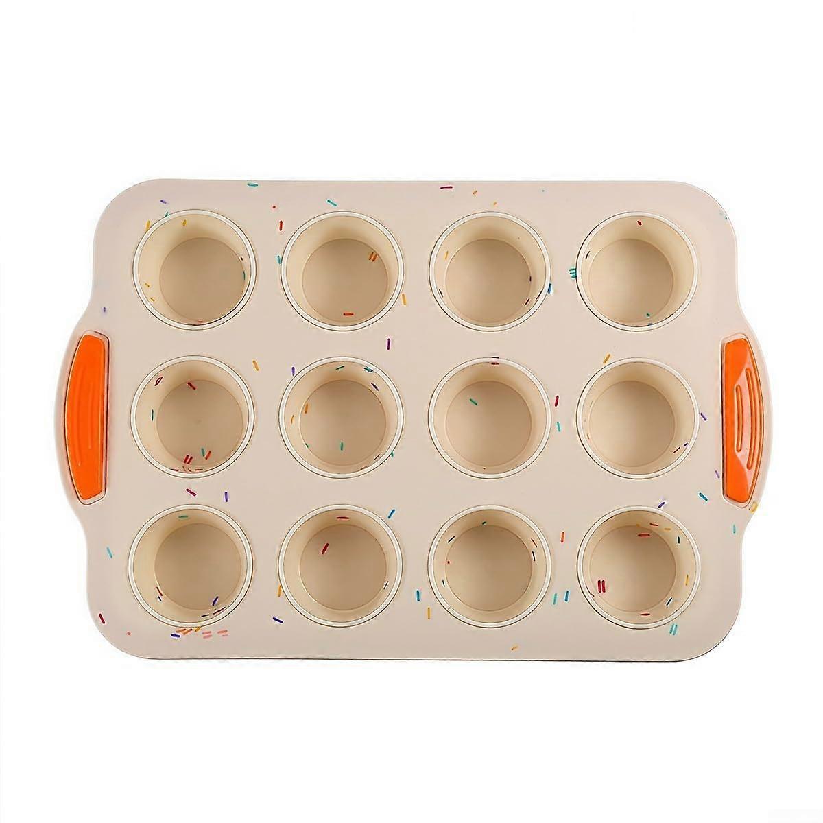 NonStick Silicone Muffin Pan 12Cup 12Holes With Handle Easy Release Beige