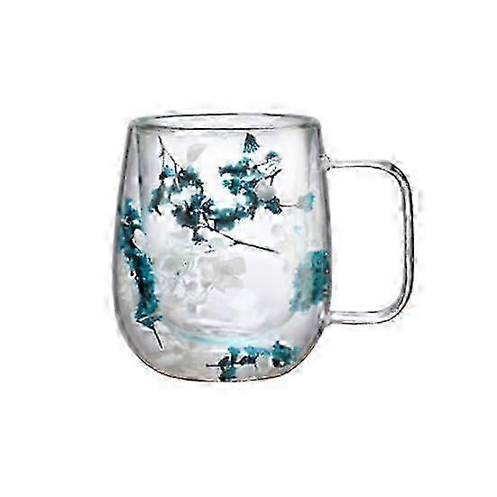 Yousheng 250ml Double Walled Glass Mug Clear Floral Wide Mouth Cup with Handle Insulated Coffee Tumbler for Coffee Tea Chocolates