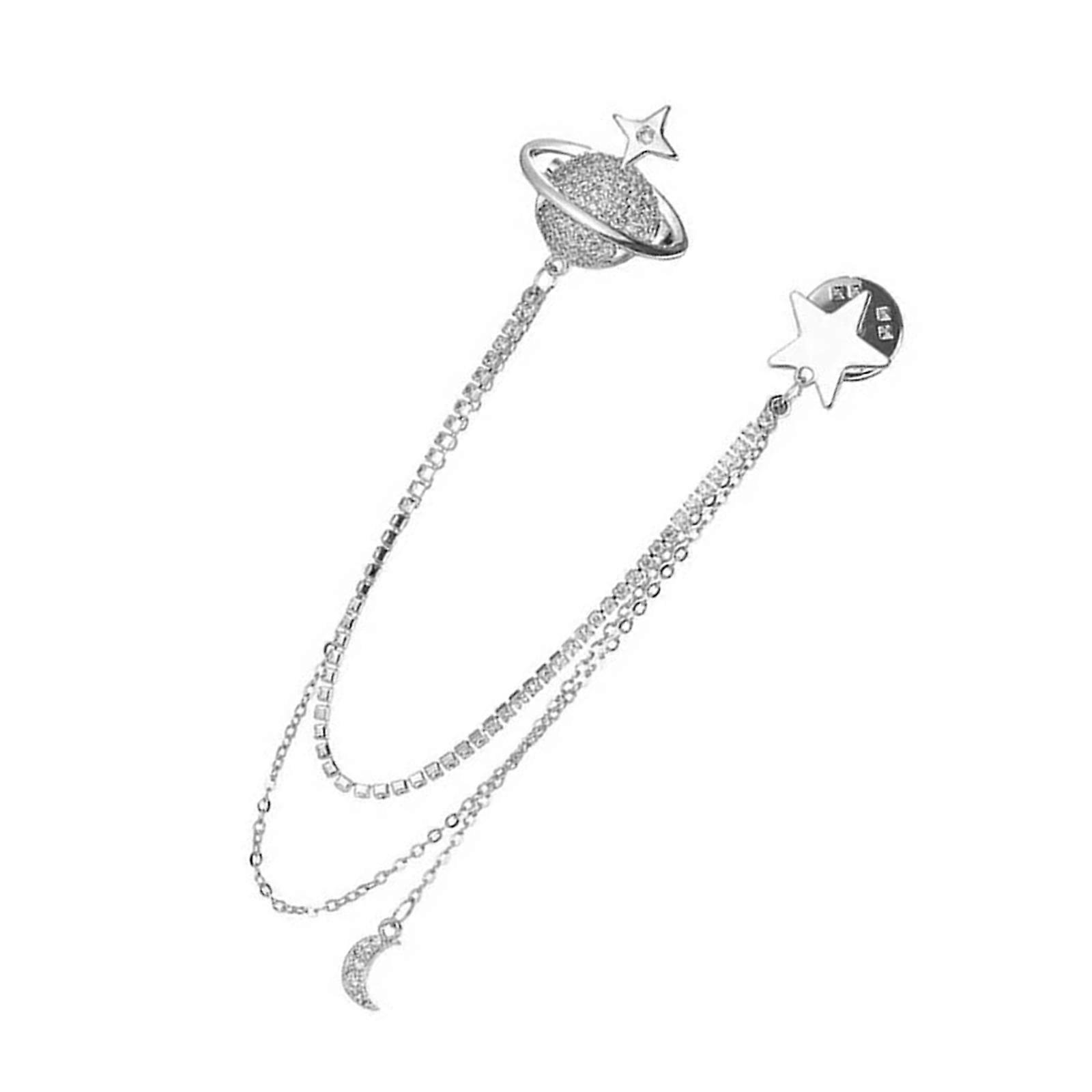 Sophisticated Crystal Moon Planet Lapel Pin Adornment for Men Rhinestones Collar Accessory with Hanging Chain Brooch Multicolor