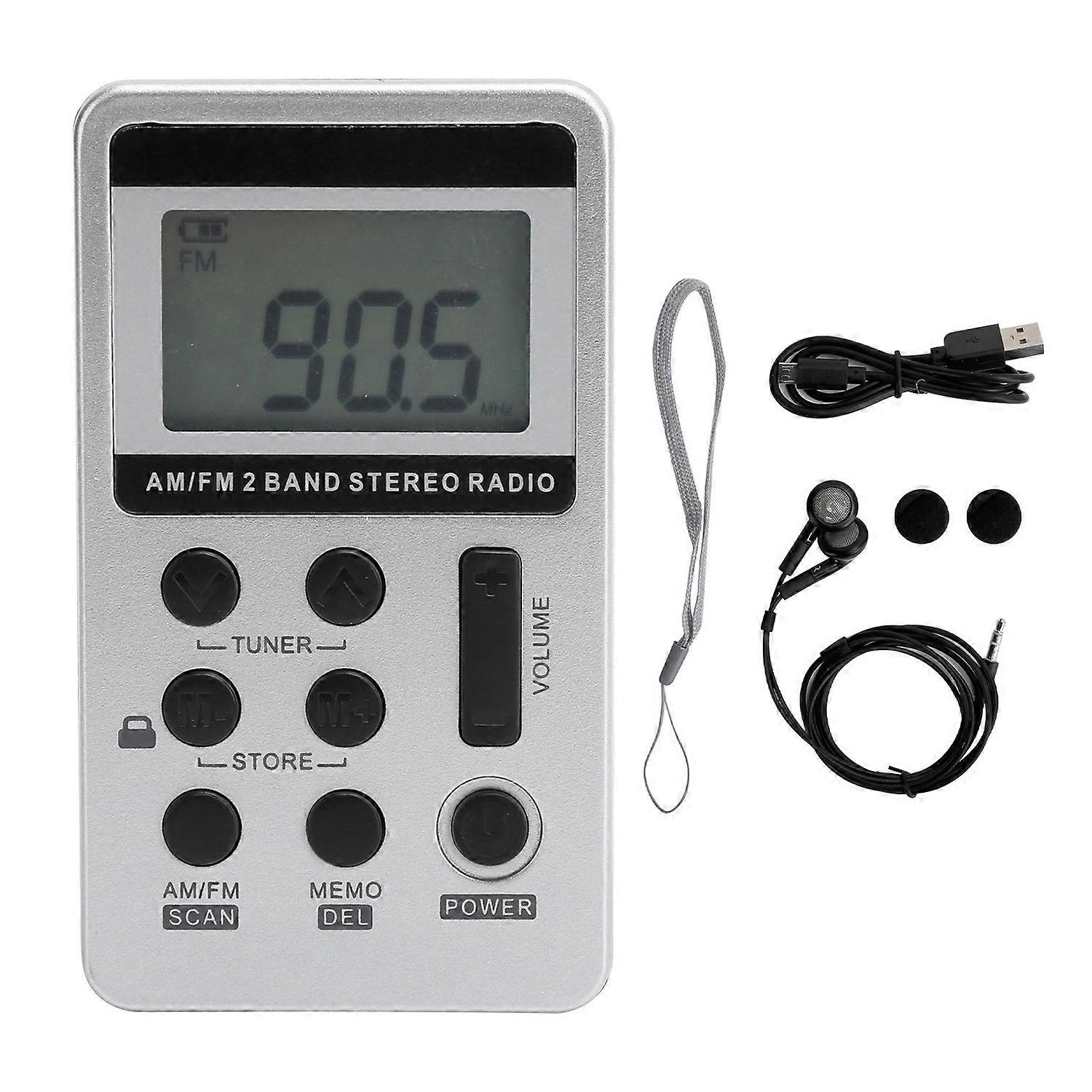 QQT103 Professional Radio Mini Portable FM/AM Stereo Receiver LCD Display with EarphoneSilver