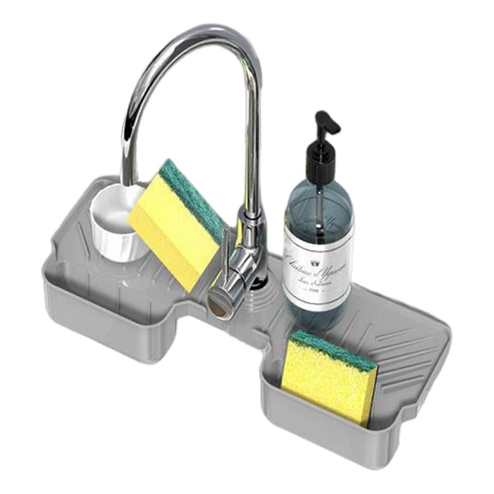 Sink Drain Mat - Reusable Silicone Faucet Draining Pad with Sponge Holder Organizer, Kitchen Sink Accessory - Keep Your Sink Area Clean and Organized