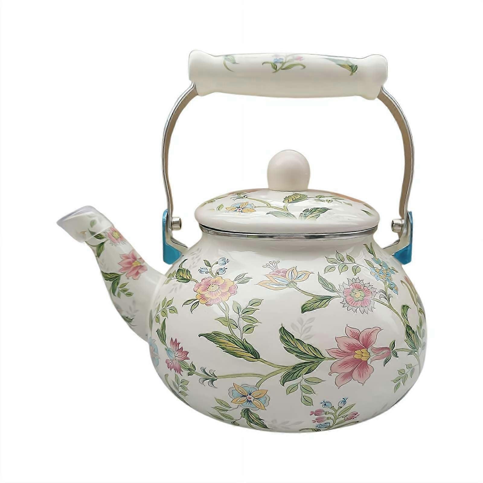 Vintage Enamel Tea Kettle 2.5L Floral Whistling Teapot with Cool Handle for Kitchen and Home
