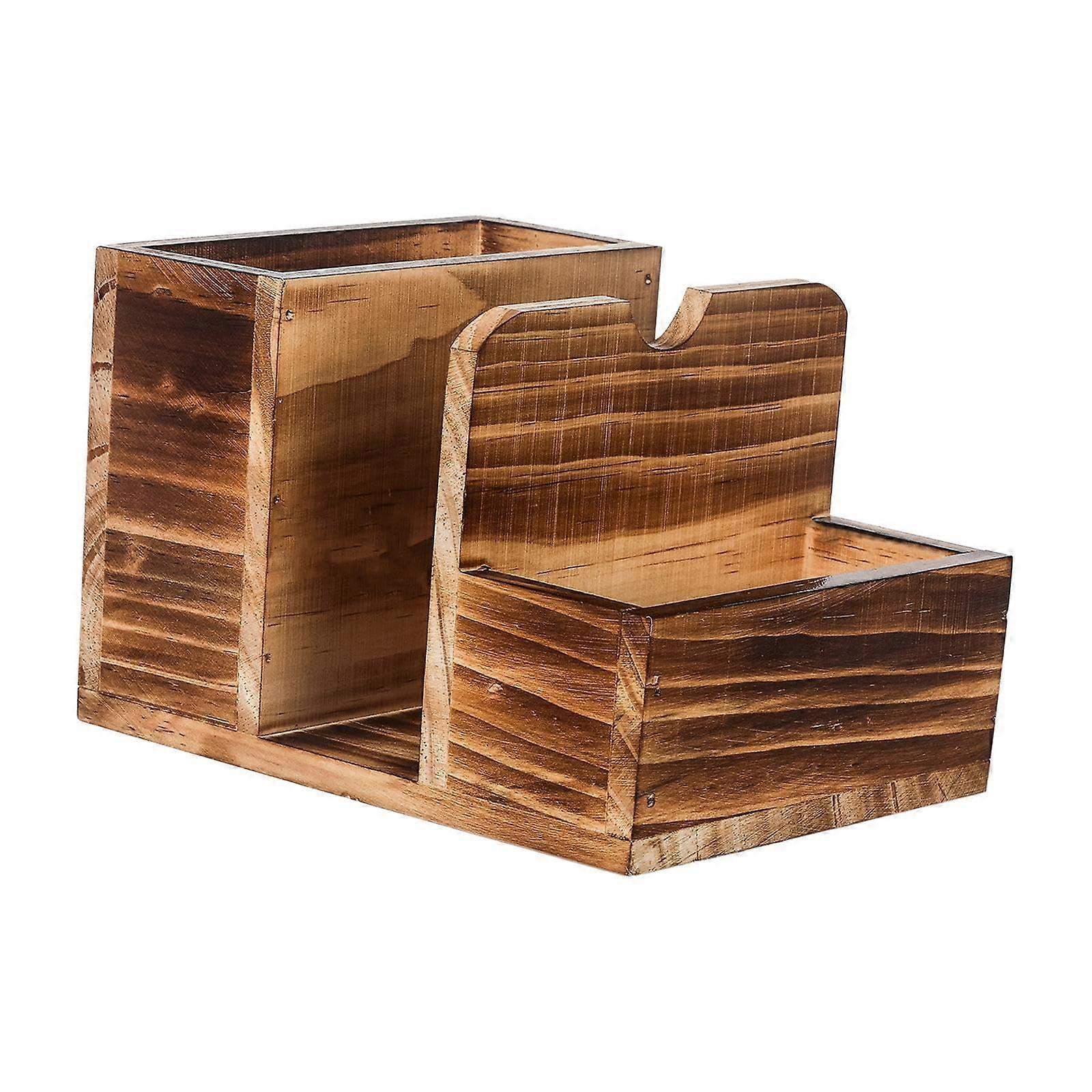 Wood Condiment Caddy with Desktop Tissue Holder Box for Household Cutlery Storage