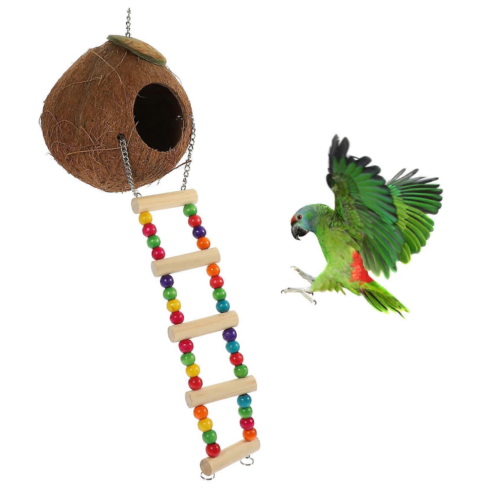 Coconut Shell Bird Nest Set with Hanging Straw Bed for Cockatiel Parakeet and Small Birds