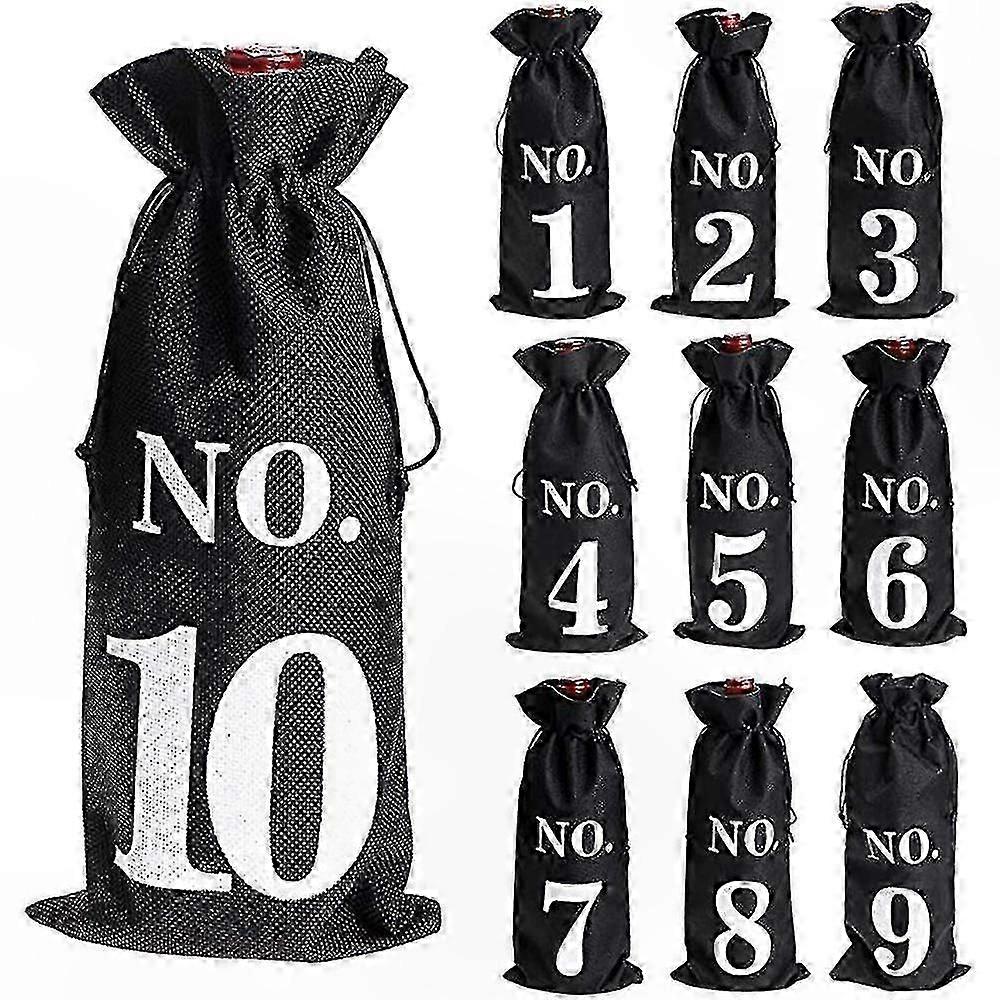 Burlap Wine Bags for Blind Tasting - Drawstring Bottle Sleeves with Pockets, Pack of 10