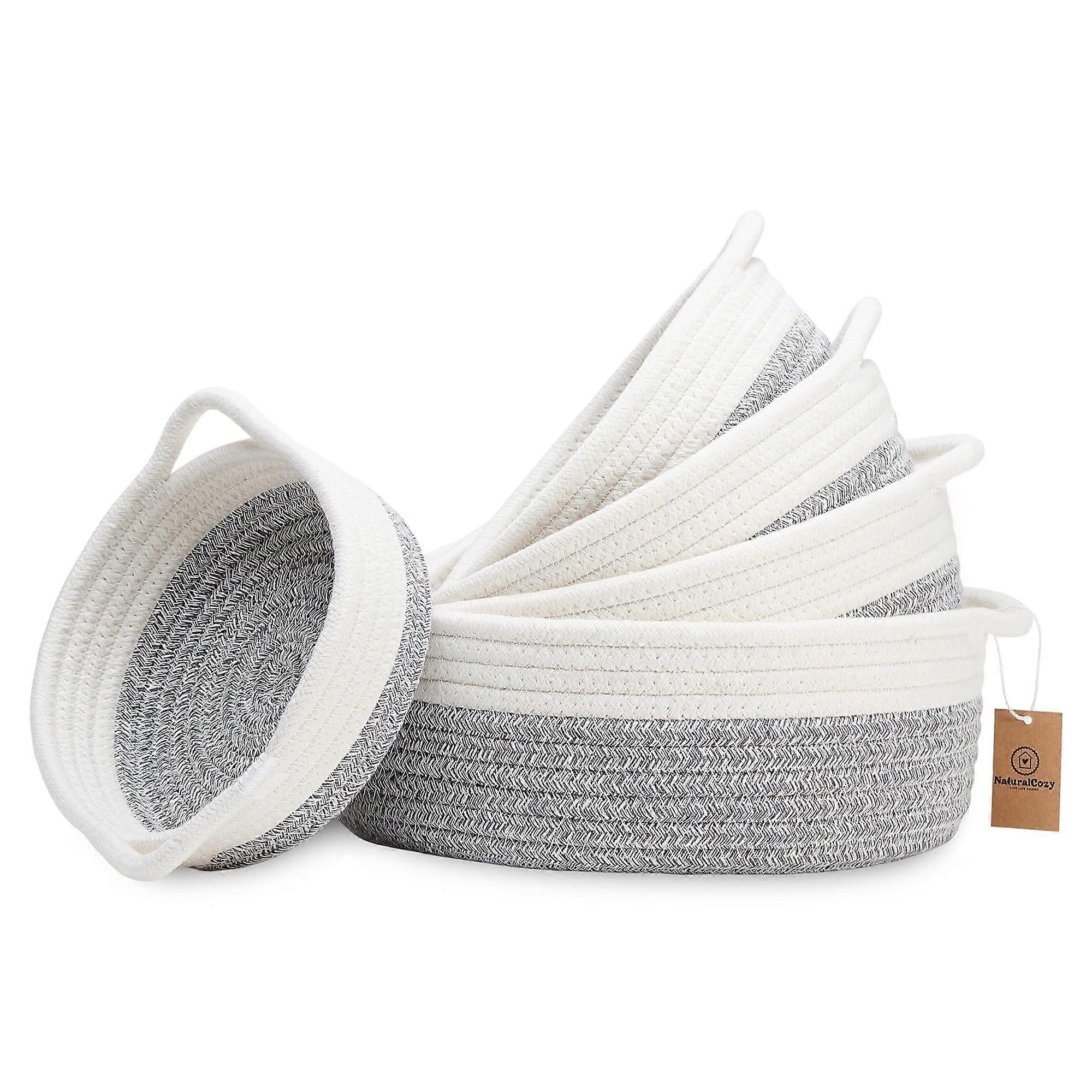 Set of 5 Small Round Woven Storage Baskets – Cotton Rope Catchall Trays for Entryway and Desk