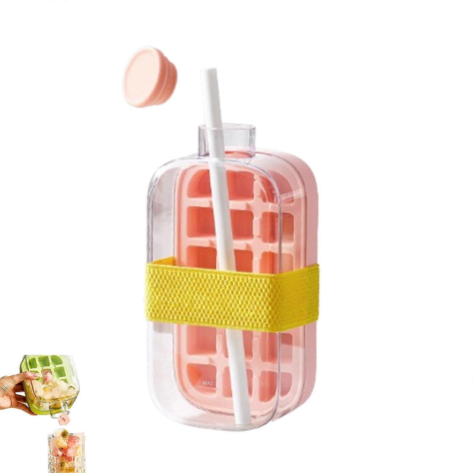 2in1 Ice Cube Water Bottle with Straw, Large 800ml Capacity, Quick Ice Tray Maker Pink