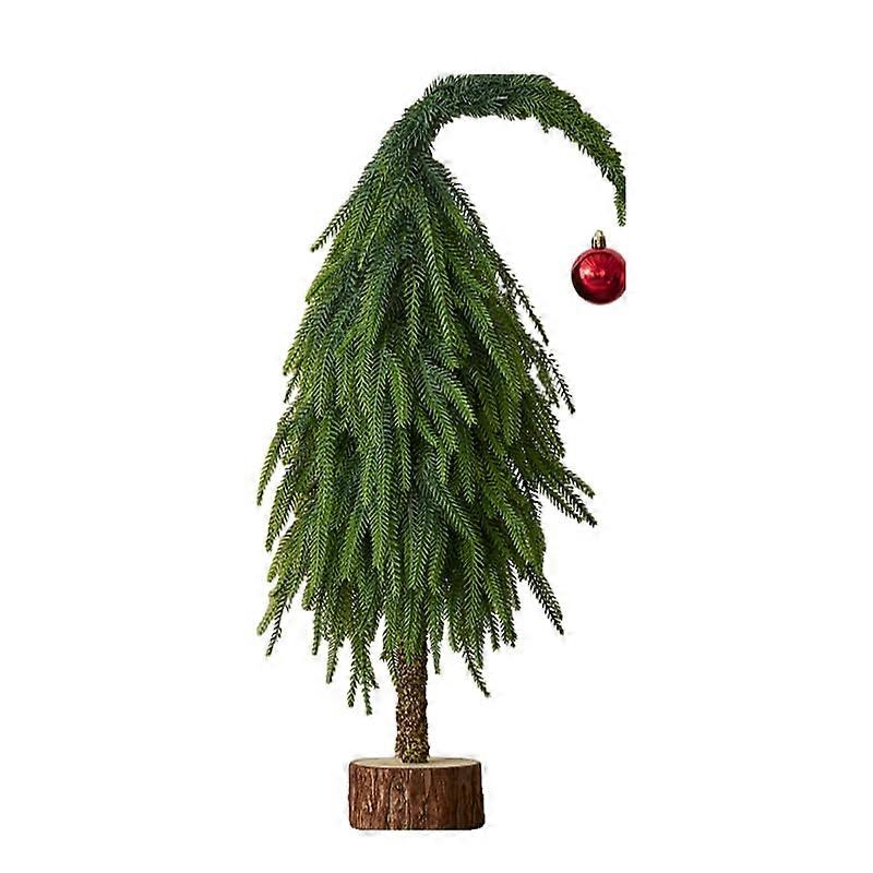 24 Inch Tabletop Christmas Tree with Rustic Wood Base and Red Ornament for Holiday Decor