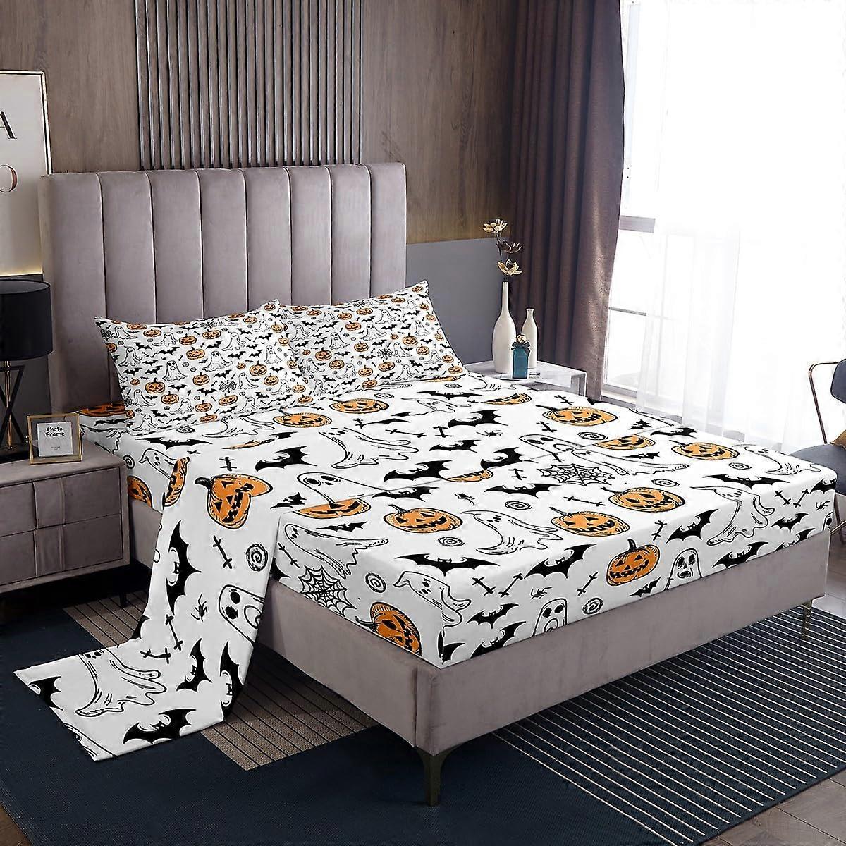 Halloween Sheet Set Queen Size with Ghosts Pumpkins Spiders, Soft Breathable Deep Pocket Fit