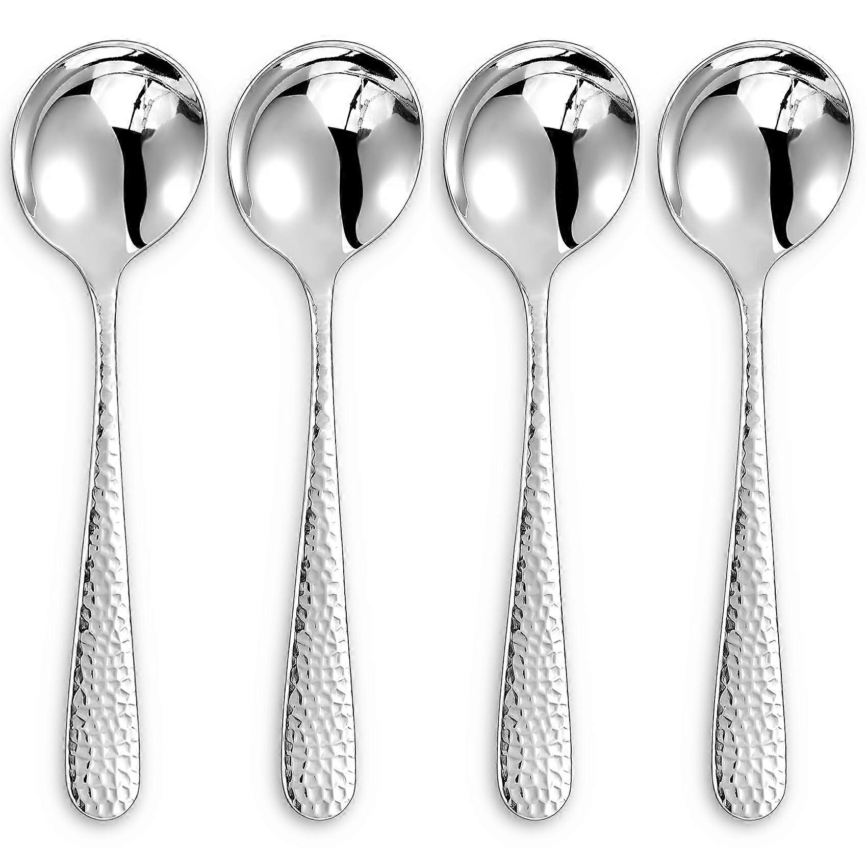 18/10 Stainless Steel Soup Spoons Set of 4, Elegant Hammered Finish, Dishwasher Safe, Rust Resistant