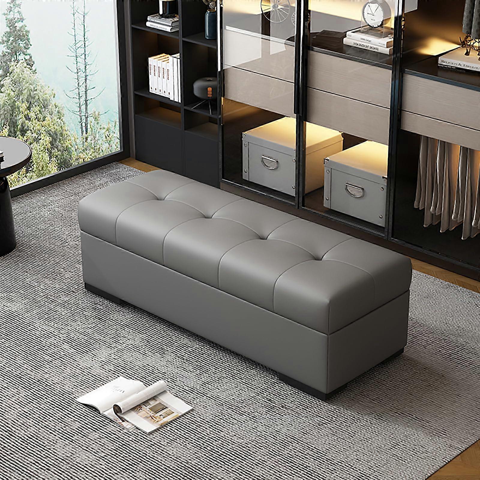 Large Leather Storage Ottoman Bench with Spacious Hidden Storage for Bedroom or Entryway Light Gray