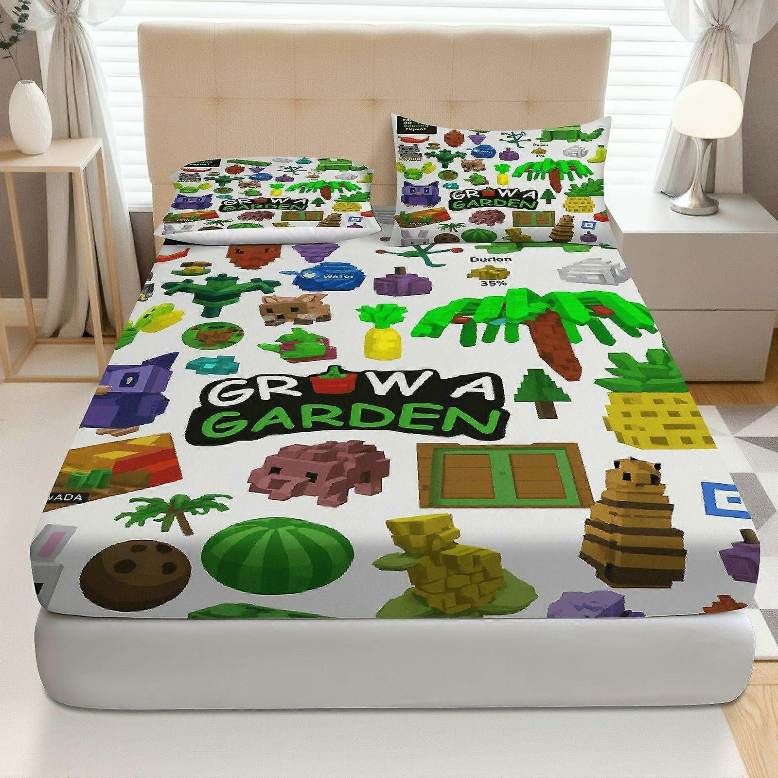 3pcs Garden Block Pattern Fitted Sheet Three Piece Set