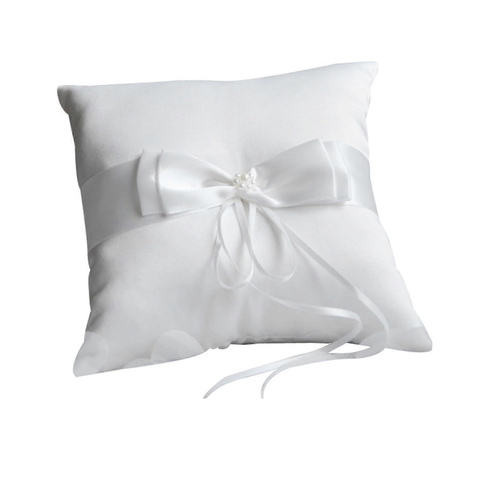 Elegant White Wedding Ring Pillow with Bow and Pearls, Soft HandSewn Cushion for Ceremony