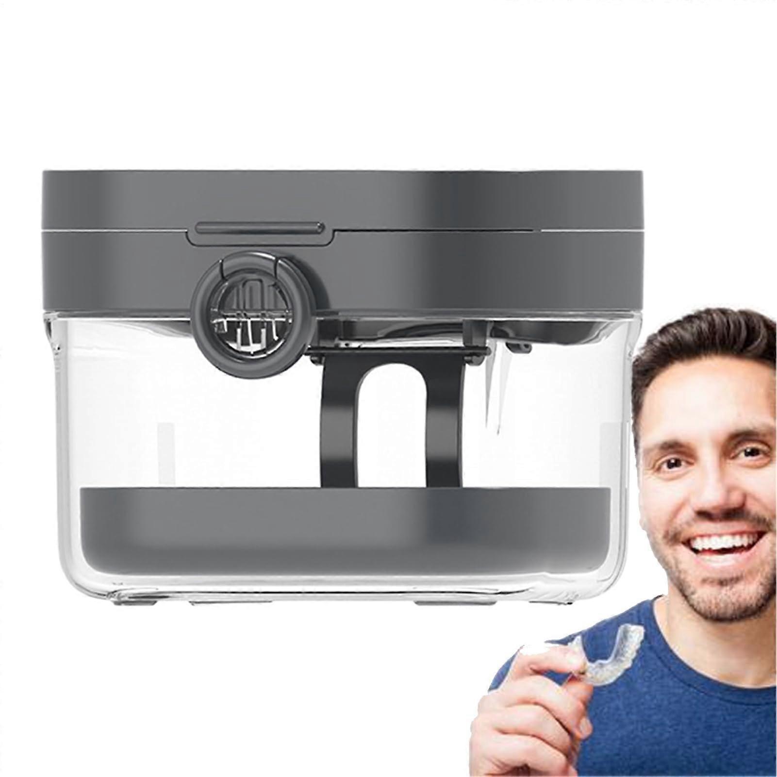 Denture Cleaning Kit with Mirror for Retainer Night Guard Deep Clean Gray Soaking Container