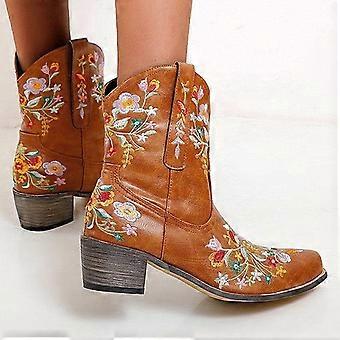 Womens Fall Boots Fashion Embroidered Cowgirl Riding Casual Warm Middle Heels Middle Tube Short Shoes 8.5(41)