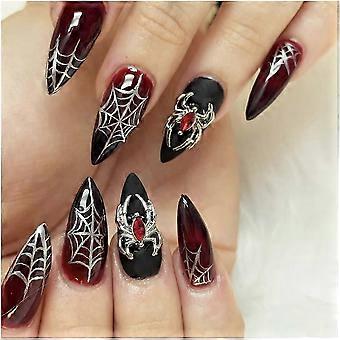 24Pcs Press On Nails with Fake Spider Web, Medium Almond Fake Nails with Glue Full Cover Spider Nightmare Christmas Nail for Women Girls Acrylic