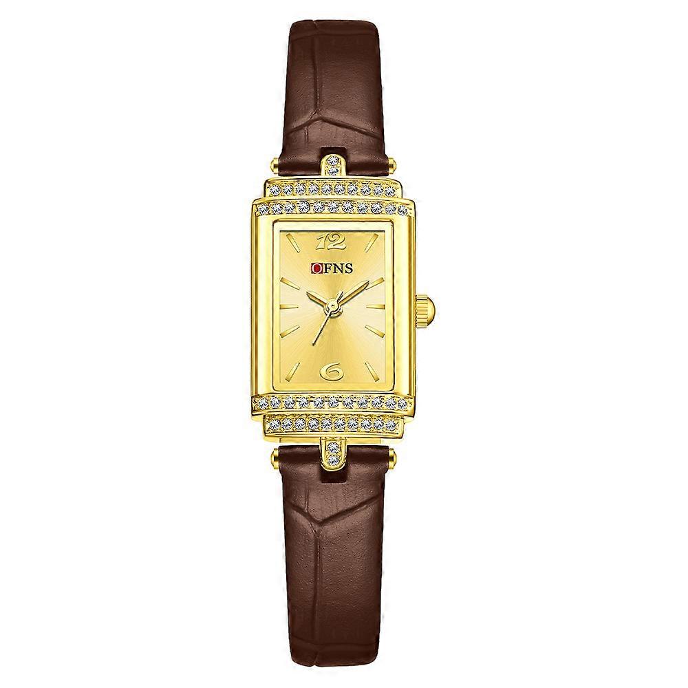 Women's Rectangular Gold Case Diamond Bezel Red Leather Strap Watch Office Casual Evening