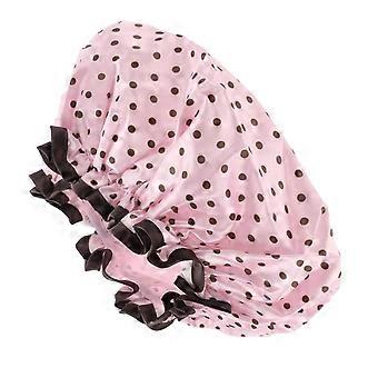 1 Pc Women Double Layer Dots Shower Cap for Bathroom Vacation Travel Pink Brown