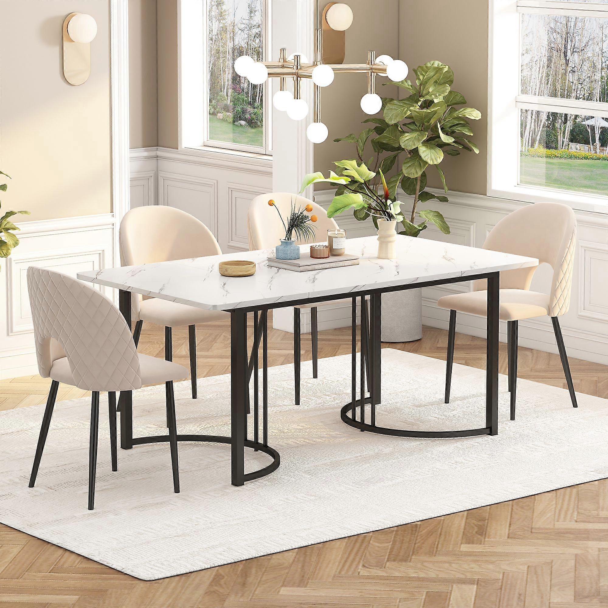 140 x 80cm Dining Table,(1-pcs), Modern Kitchen Table, Metal Frame Rectangular Dining Table in Modern Marble Pattern Kitchen Table with Adjustable Fee