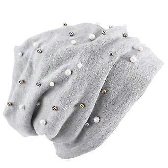Woolen Hat compatible withWomen Use Pearl Beanie Hat Casual Warm Grey Headwear