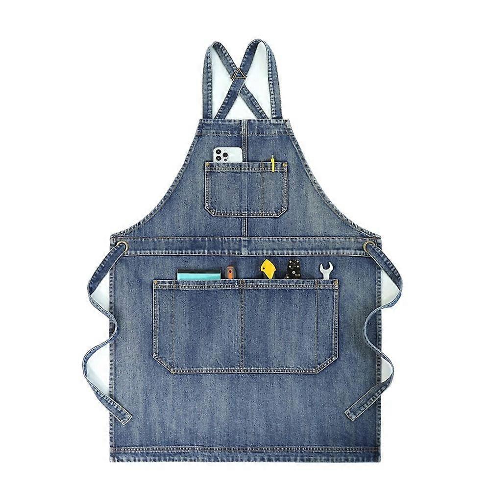 Washed Denim Cross-Back Work Apron with Multi-Pocket Front