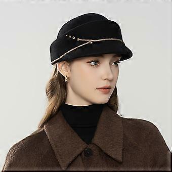 Japanese-Style Wool Felt Top Hats for Women, Vintage Elegant with Chain & Rhinestone Embellishments, Warm for Fall & Winter Fashion