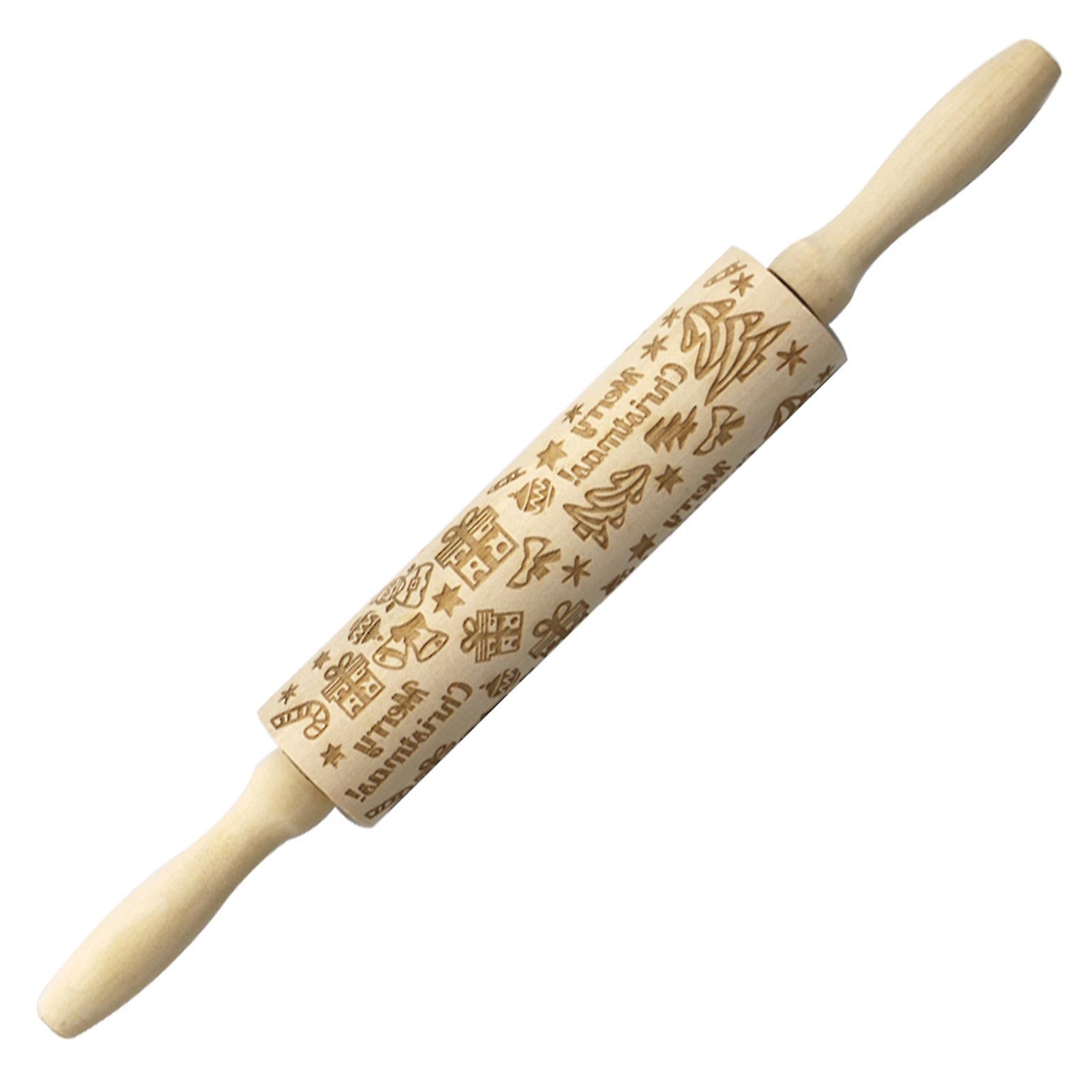 Christmas Symbols Engraved Rolling Pin Practical One-piece Dough Roller for Kitchen Baking