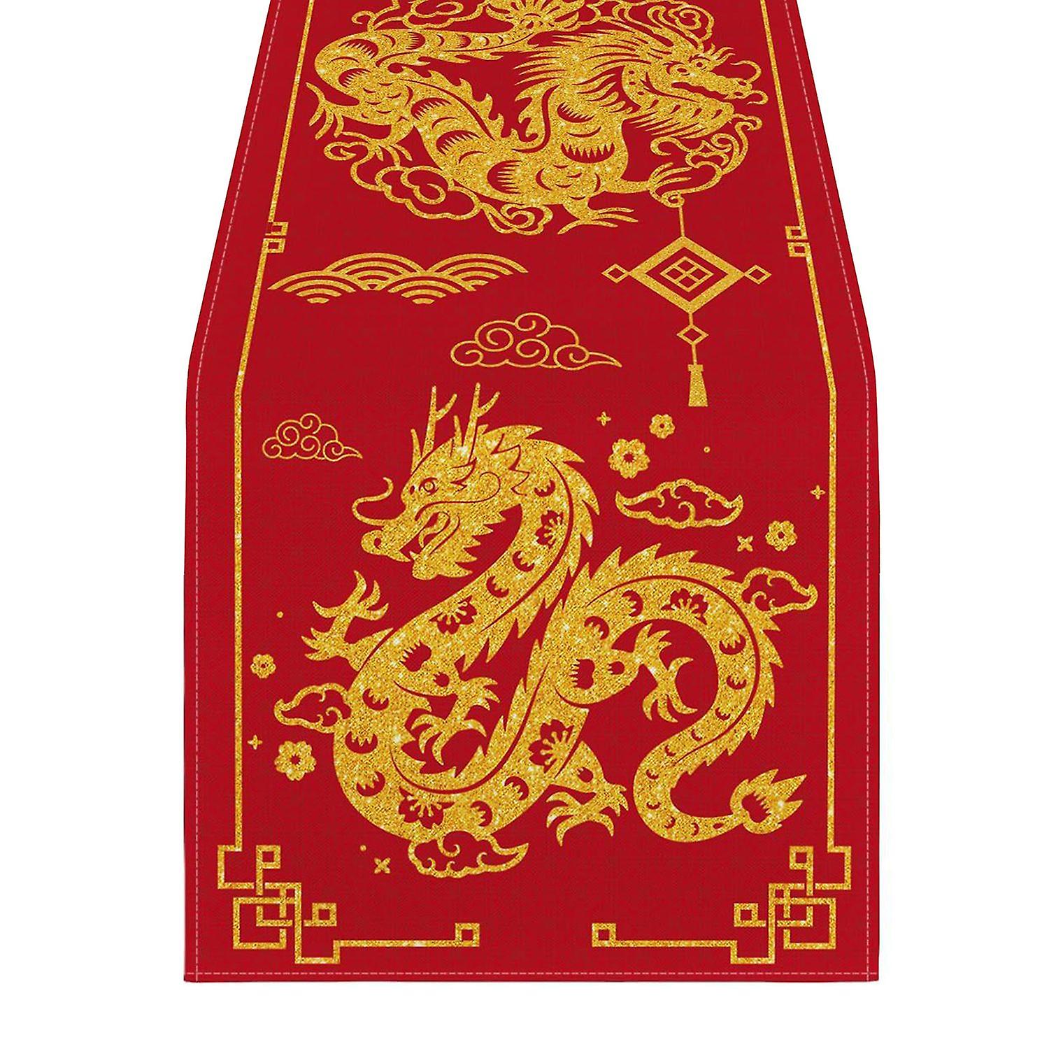 New Year Table Runner Dragon Print Thick Foldable Firm Stitching Sequin Table Decoration Protection 