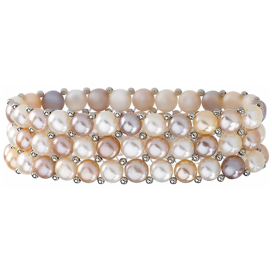925スターリングシルバー淡水養殖ナチュラルマルチカラーパール3列ストレッチブレスレットt-女性用ストレッチブレスレット