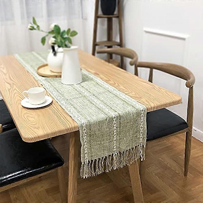 Retro Table Runner Elegant Hand Woven Cotton Linen Dining Table Runner with Tassels for Wedding Home Cross Green