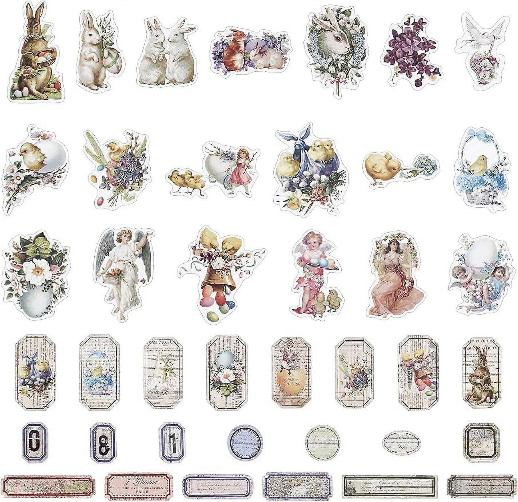 80PCS Easter Paper Adhesive Stickers Retro Rabbit Angel Easter Egg Rub on Transfers for Crafts Adhesive Label Package