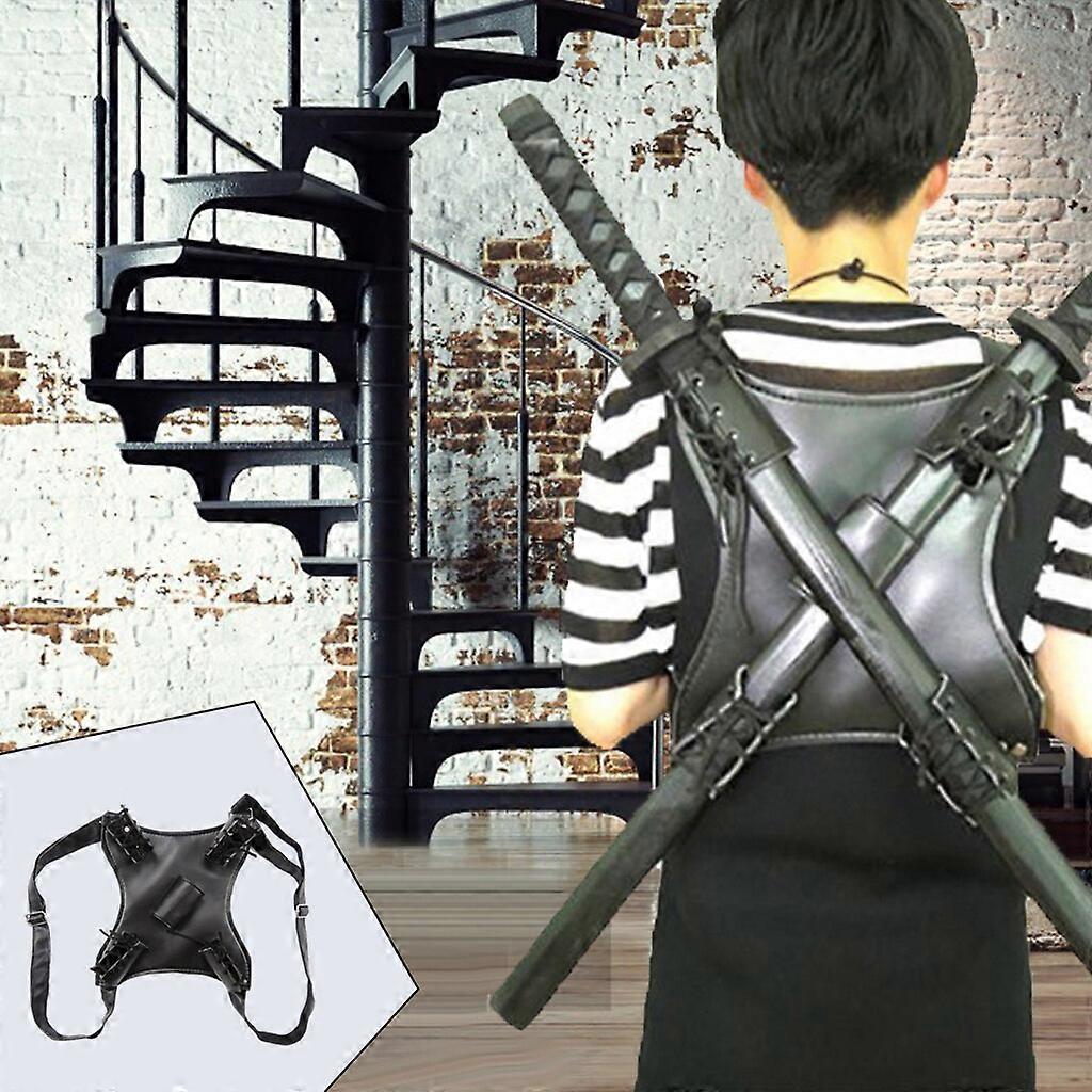 Medieval Sword Carry Case Double Scabbard PU Leather Samurai Cosplay Prop Back Strap