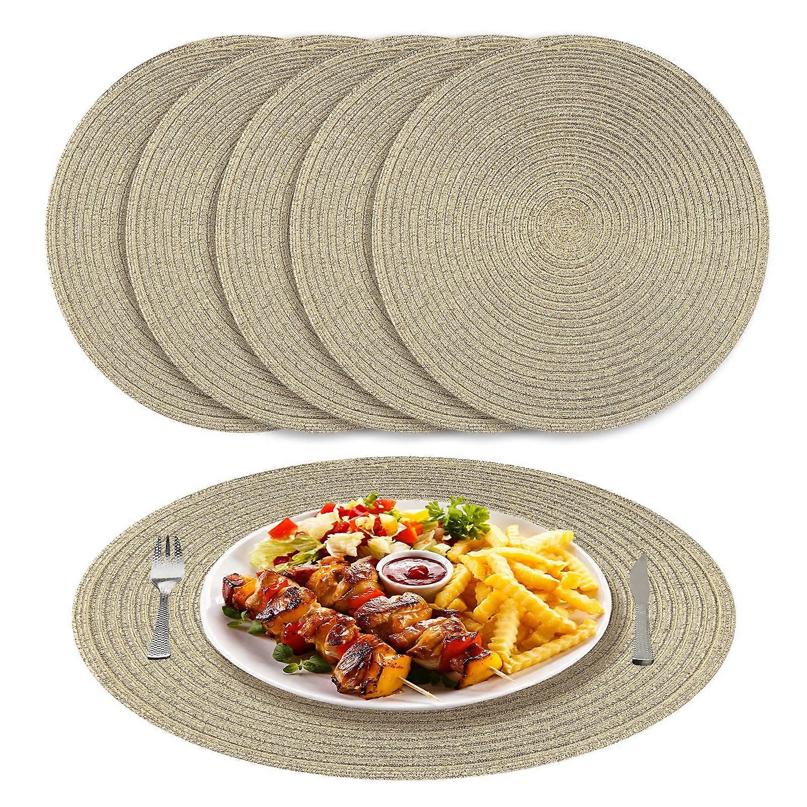 Tischsets Rund Beige Geflochtene Tischsets Set mit 6 hitzebeständigen Tischsets waschbar für Küche Abendessen 38cm Gold