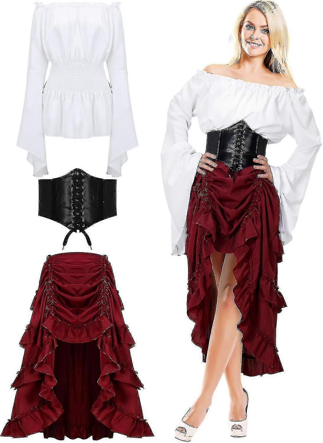 נשים תחפושות פיראט רנסנס איכר עליון חגורת מחוך חצאית פיראט תלבושת ליל כל הקדושים מימי הביניים