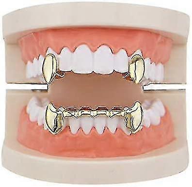 18k Gold Plated Grillz Vampire Dracula Teeth Grillz 2pc Single Fangs And 6 Bottom Grillz Set