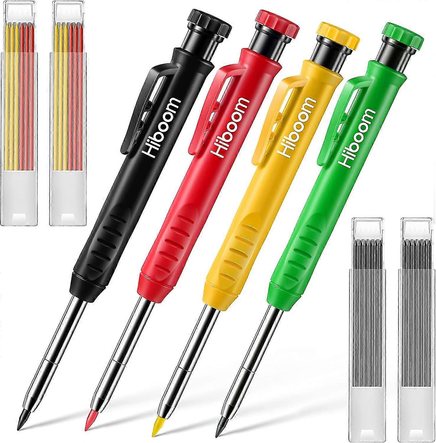 Strong Carpenter Pencils Built-In Sharpener, 4 Colored Mechanical Pencils With 24 Refills, Deep Hole Scribing Tools For Woodworking Black Yellow Red G