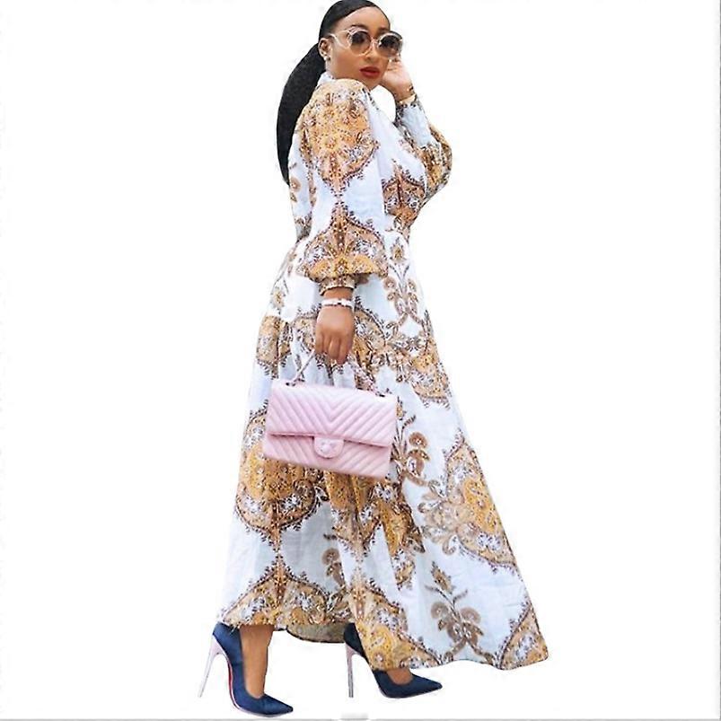 2020 Regenbogen Farbe Chiffon Print Langärmeliges Jumpsuit Kleid mit Gürtel
