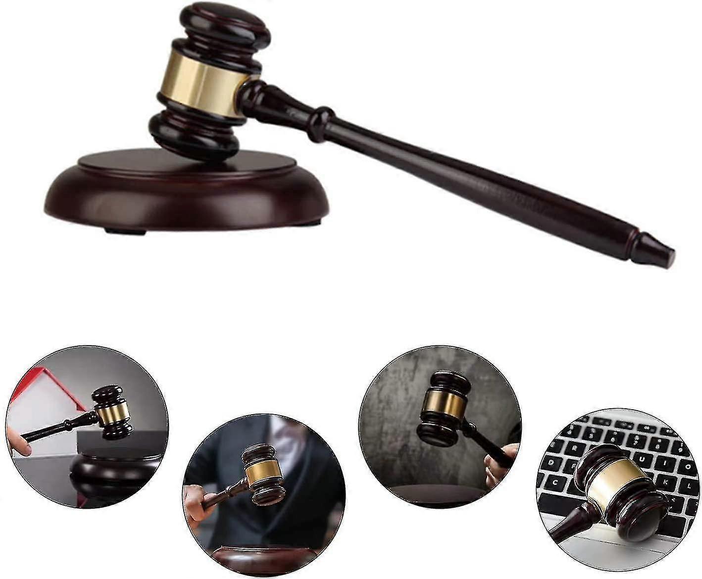 木製ハンマーとラウンドベース、裁判官、弁護士、オークション販売のためのブロック付き手作り