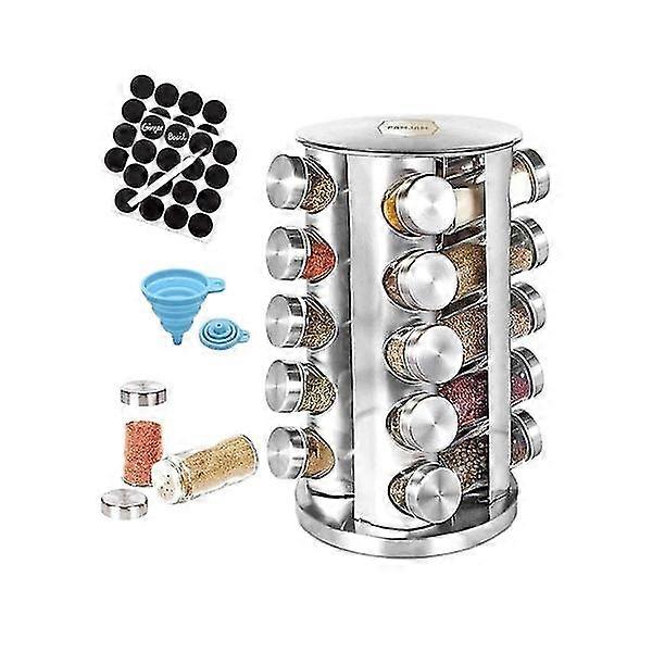 Spice Rack, 20 Glass Jars With Labels, Round Spice Tower With B