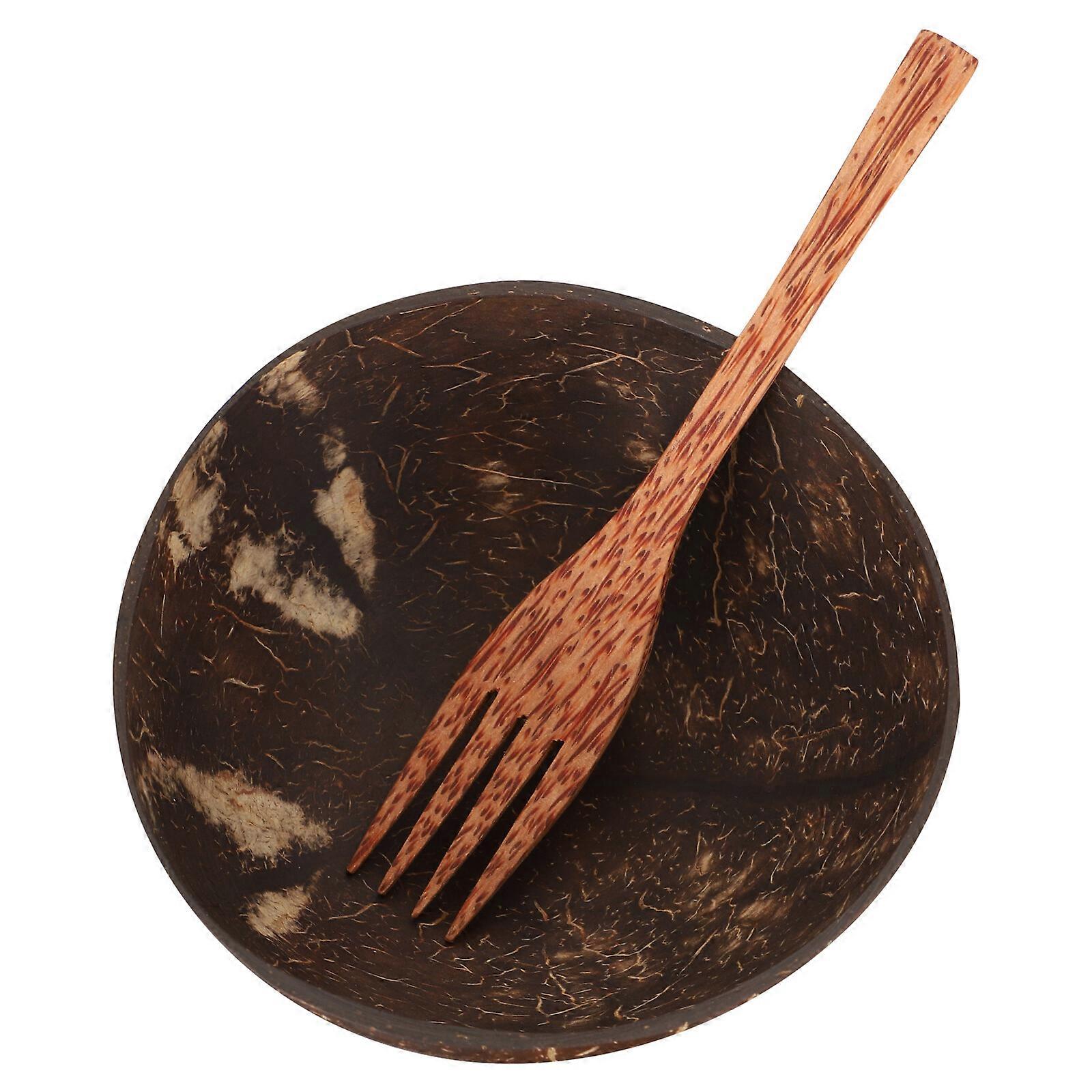 1 Set Coconut Shell Bowl Wood Fruit Salad Bowl Creative Storage Bowl with Fork