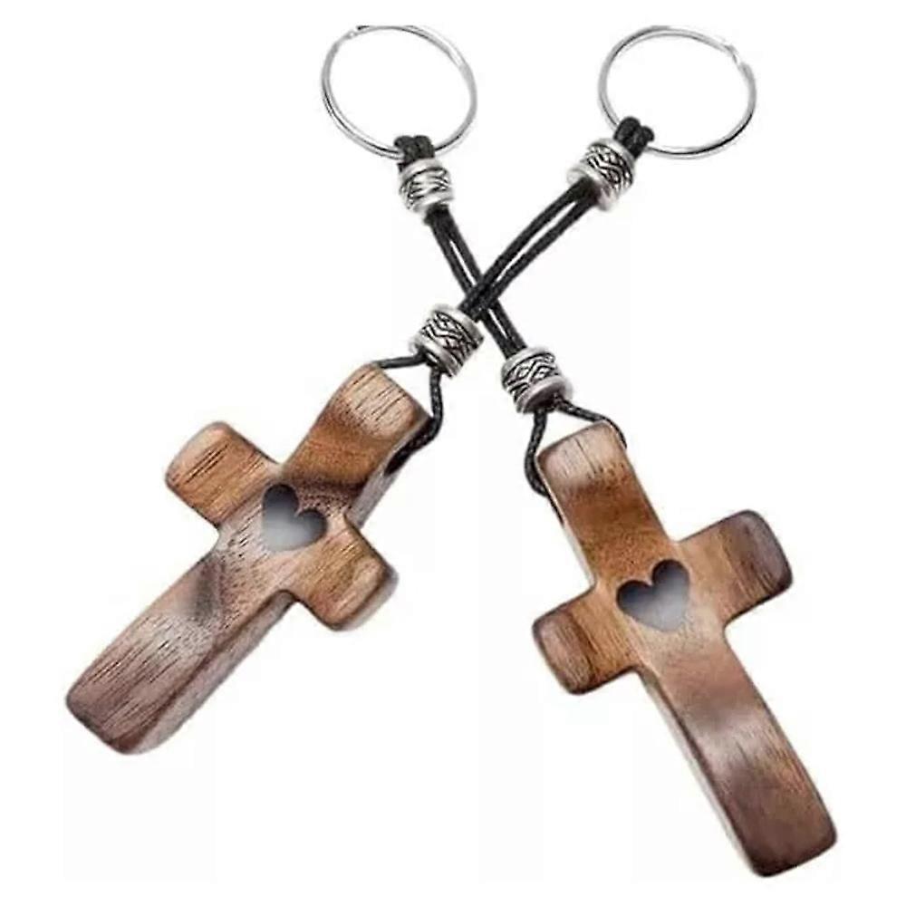 الحرفي خشب الجوز الصليب سلسلة المفاتيح مع قلادة القلب ، قلادة خشبية الصليب