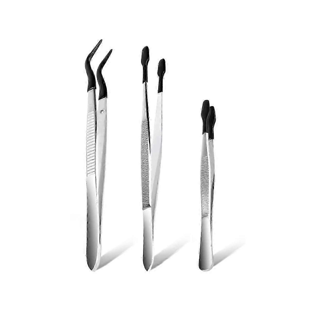 3 Pcs Tip Tweezers with Rubber, Non-Marring Silicone Tipped Tweezers Rubber Bent Tip Flat Tweezers