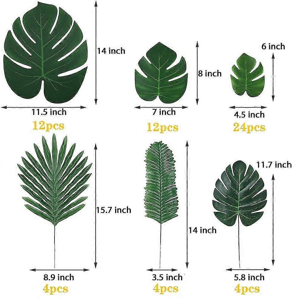 Set Of 60 Artificial Tropical Palm Leaves, Monstera Leaves With Stems For Safari Or Tropical Party Decorations