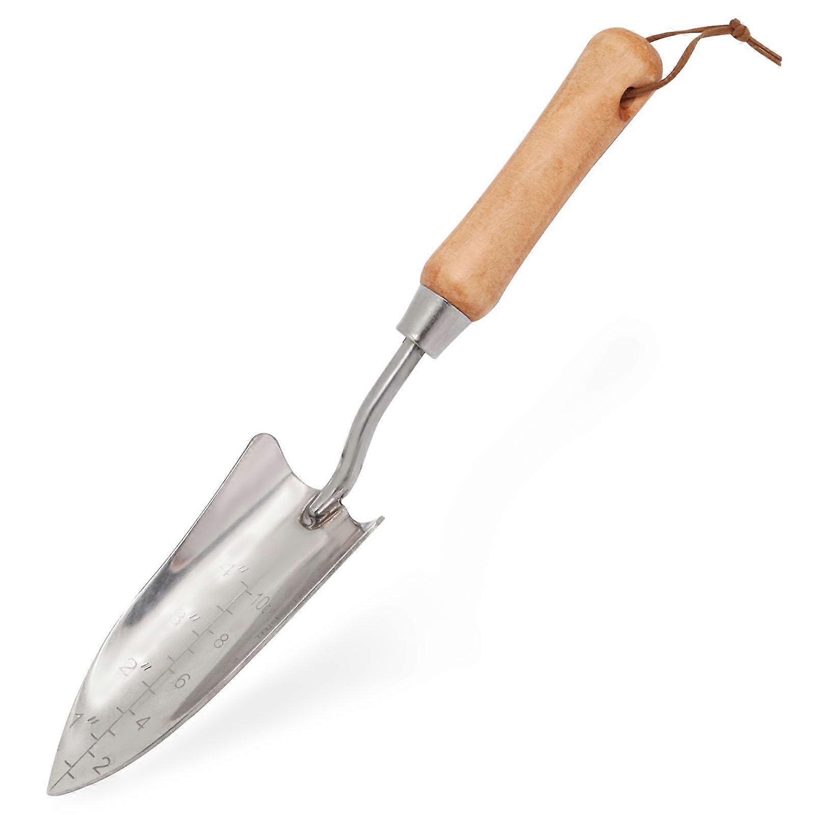 Garden Hand Shovel Trowel with Depth Marks and Comfortable Wood Handle for Planting, Digging, and Soil Loosening