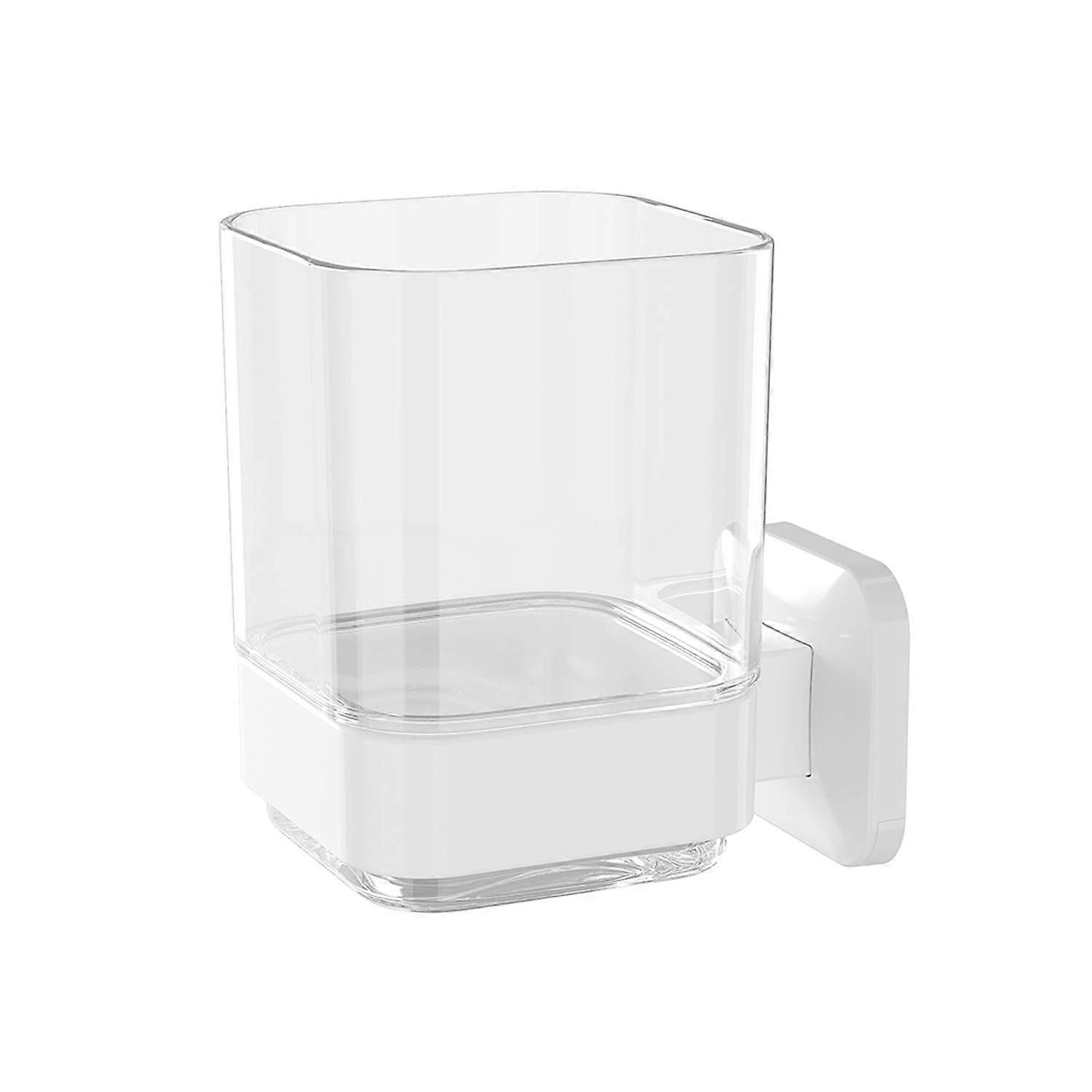 White No-Drill Wall-Mounted Toothbrush Holder with Rinsing Cup, Adhesive Bathroom Organizer Stand for Space-Saving Storage