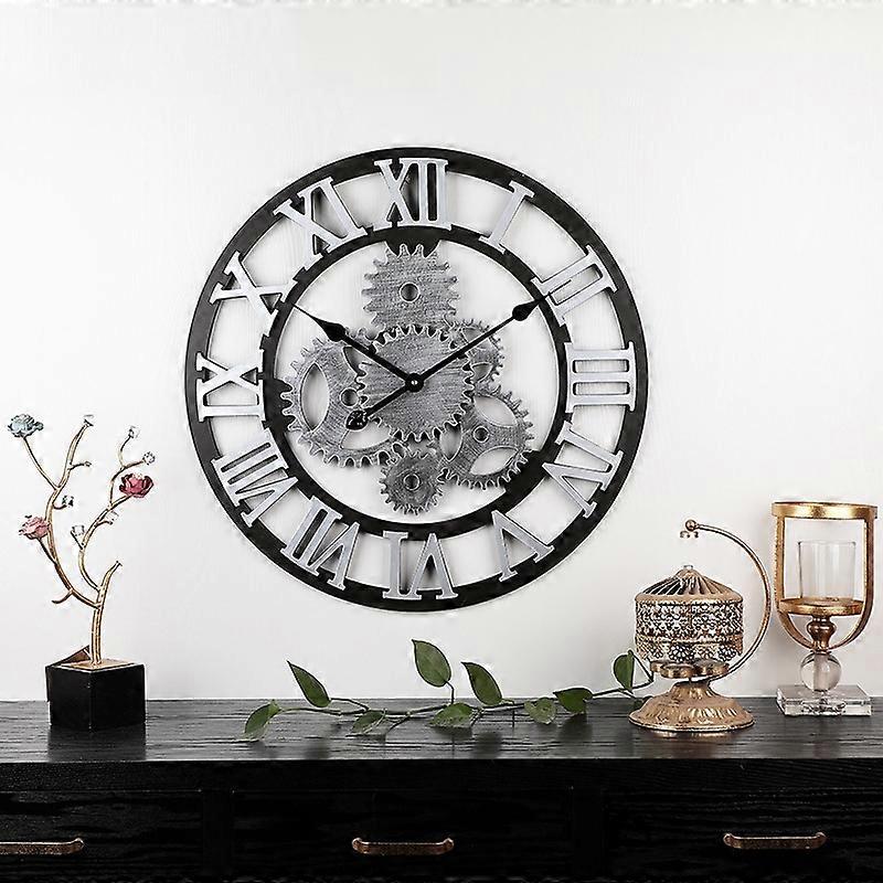 Orologio da parete silenzioso con ingranaggio rotondo in legno vintage Roma numero 58cm 6 marce argento Roma numero 58cm 6 marce argento