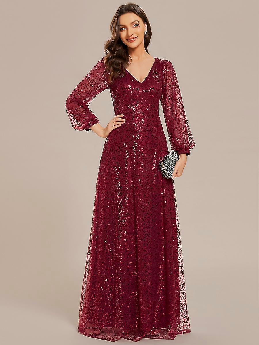 Vestido de Noite A-Line Ever-Pretty para Mulheres Elegantes com Decote em V e Lanterna de Manga Longa com Lantejoulas