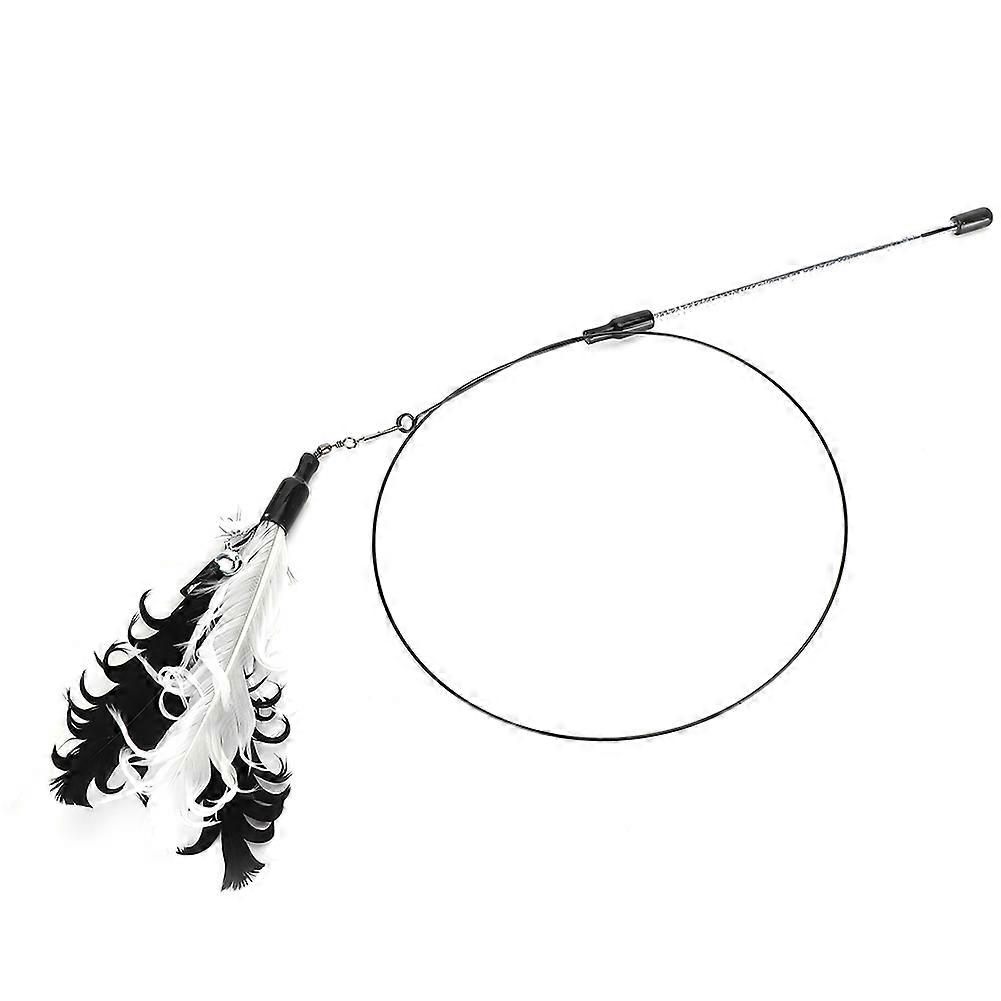 Black Steel Wire Roll Cat Teaser Stick with Black and White Goose Feathers for Interactive Play and Training Toy