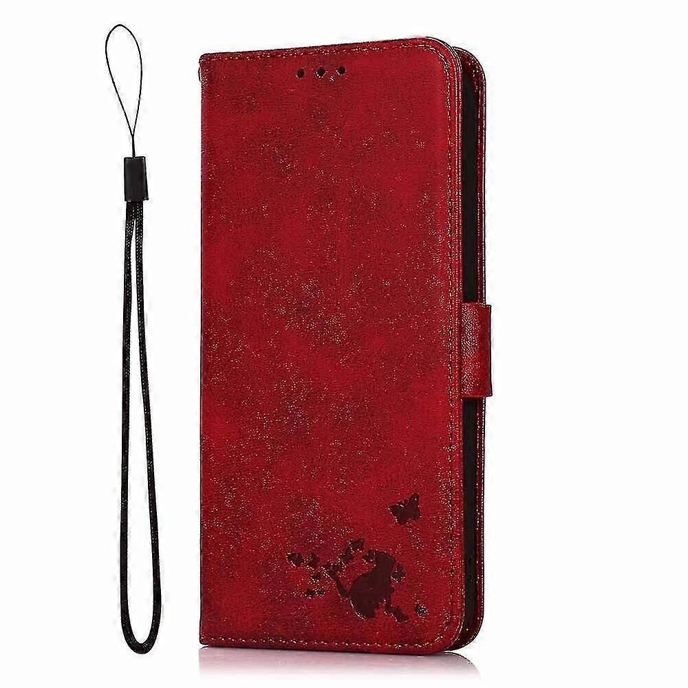 Oppo Find X3 Neo Retro PU Leather Wallet Case with Cat Design - Red
